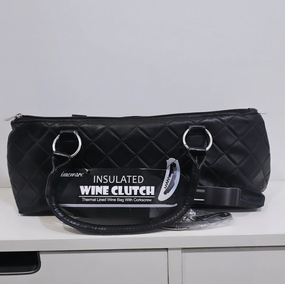 Primeware Insulated Black Wine Clutch Handbag Thermal Lined Bag with Corkscrew